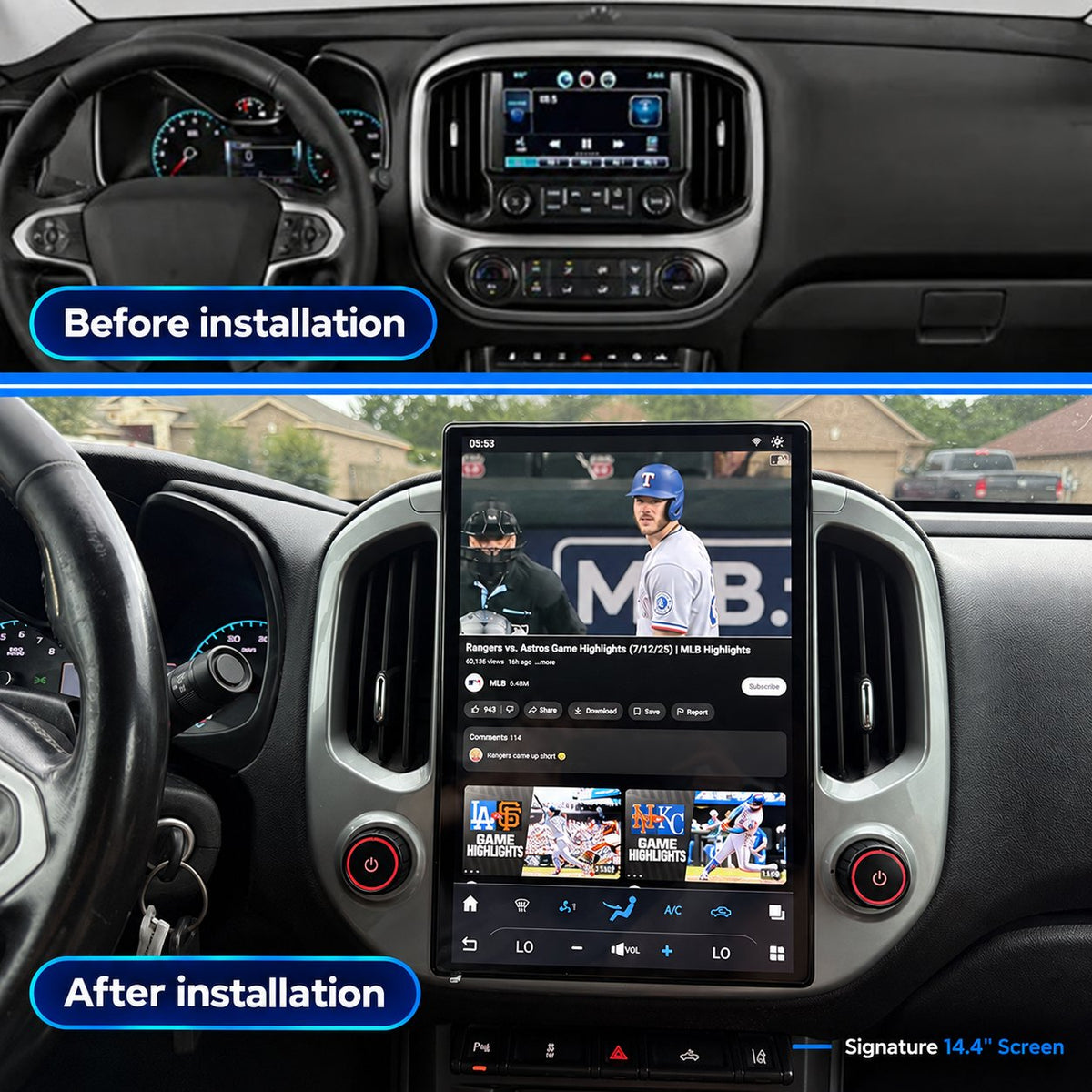 Canyon before and after installation — Signature 14.4" Screen, approved DS before/after style