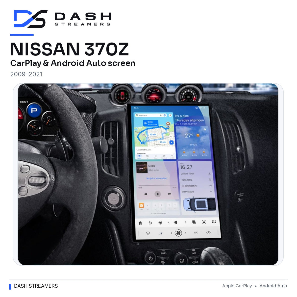 Nissan 370Z 2009–2021 CarPlay & Android Auto Tesla-Style Screen — Dash Streamers rounded uncropped dashboard main image