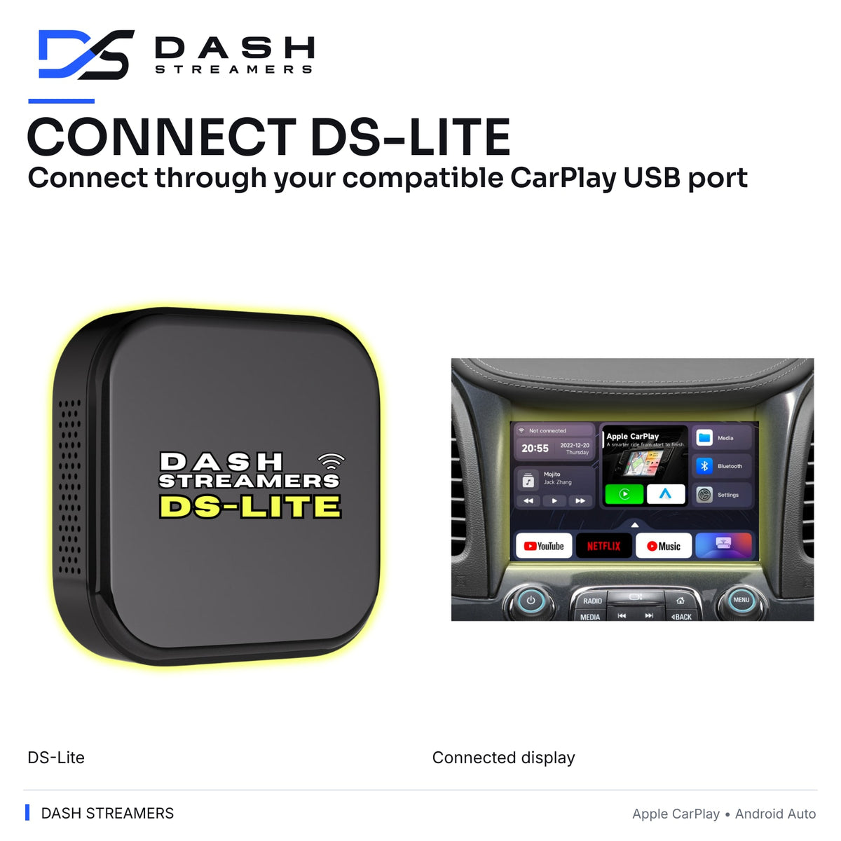 CONNECT DS-LITE — Connect through your compatible CarPlay USB port — Dash Streamers