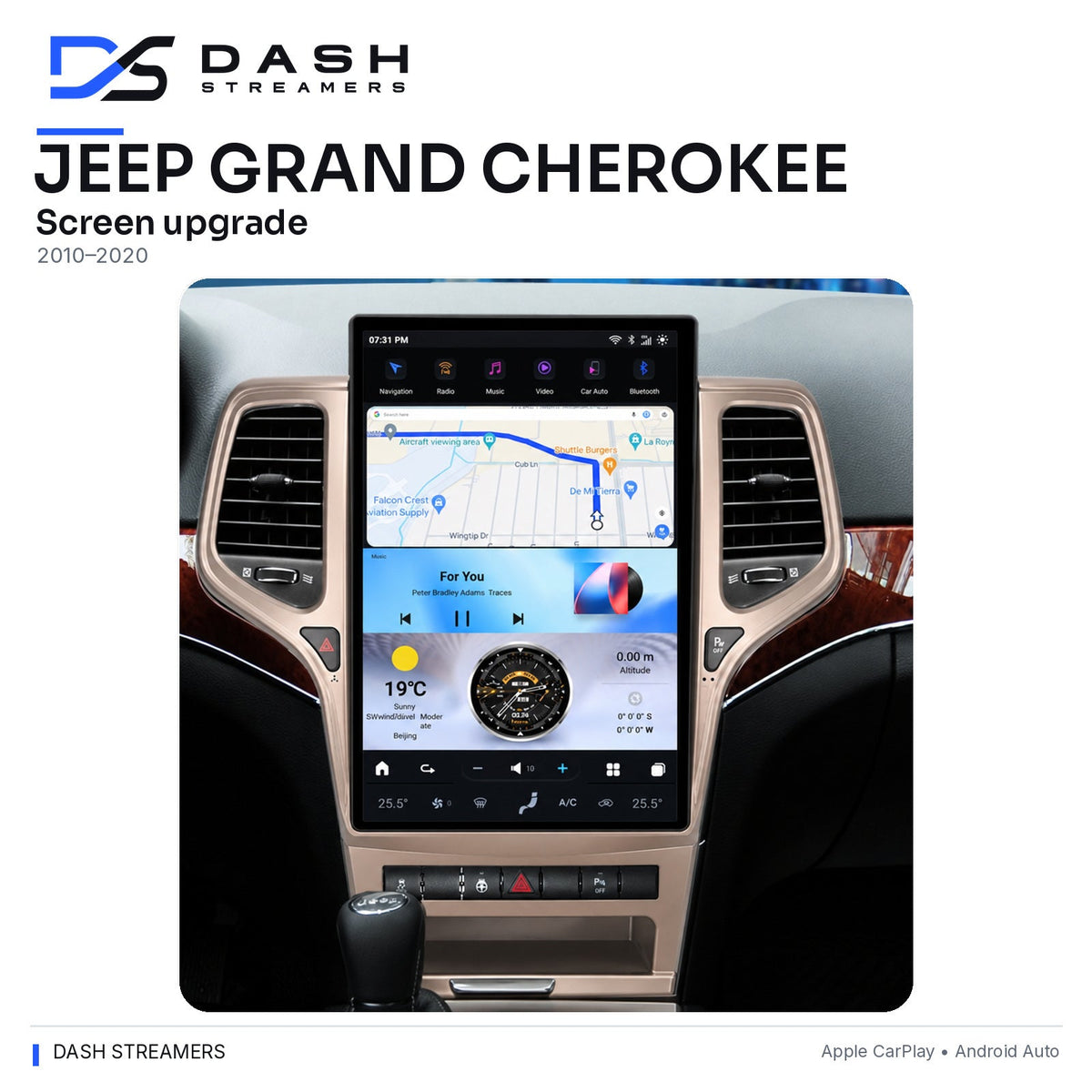 Dash Streamers Jeep Grand Cherokee 2010-2020 Tesla-style screen installed dashboard