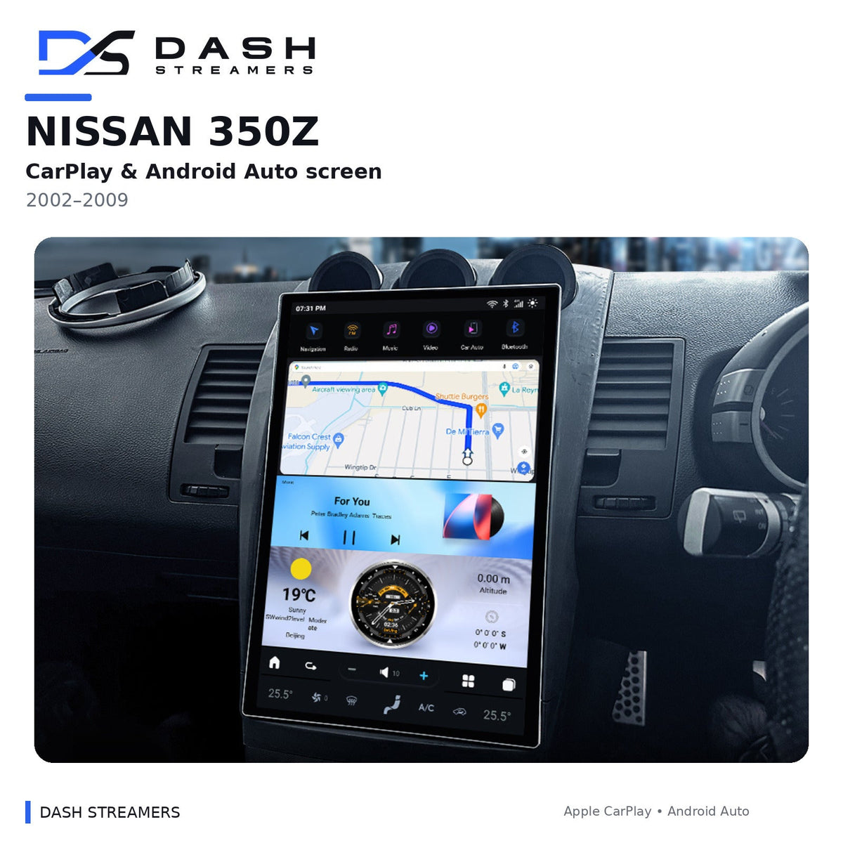 Dash Streamers 350Z product hero with original user-uploaded exact-dimension dashboard photo