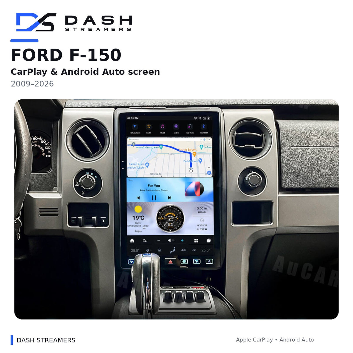 Dash Streamers F150 product hero with original user-uploaded exact-dimension dashboard photo