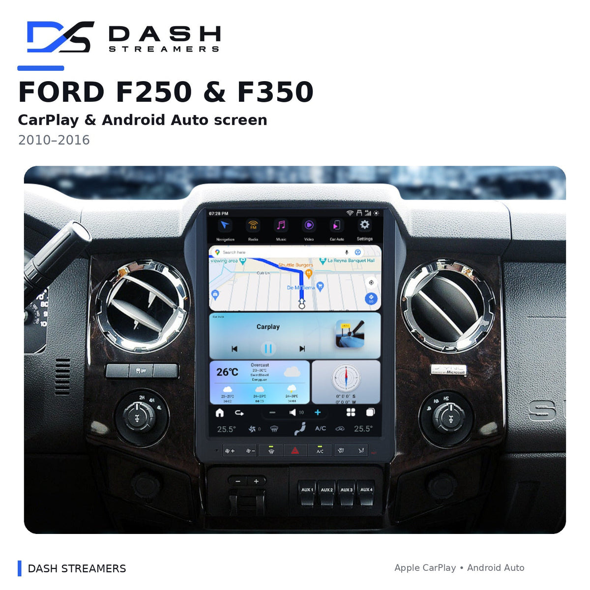 Dash Streamers F250 product hero with original user-uploaded exact-dimension dashboard photo