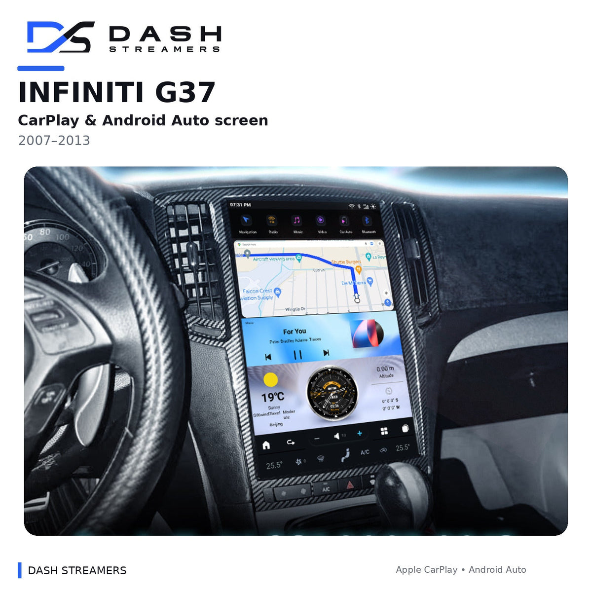 Dash Streamers G37 product hero with original user-uploaded exact-dimension dashboard photo