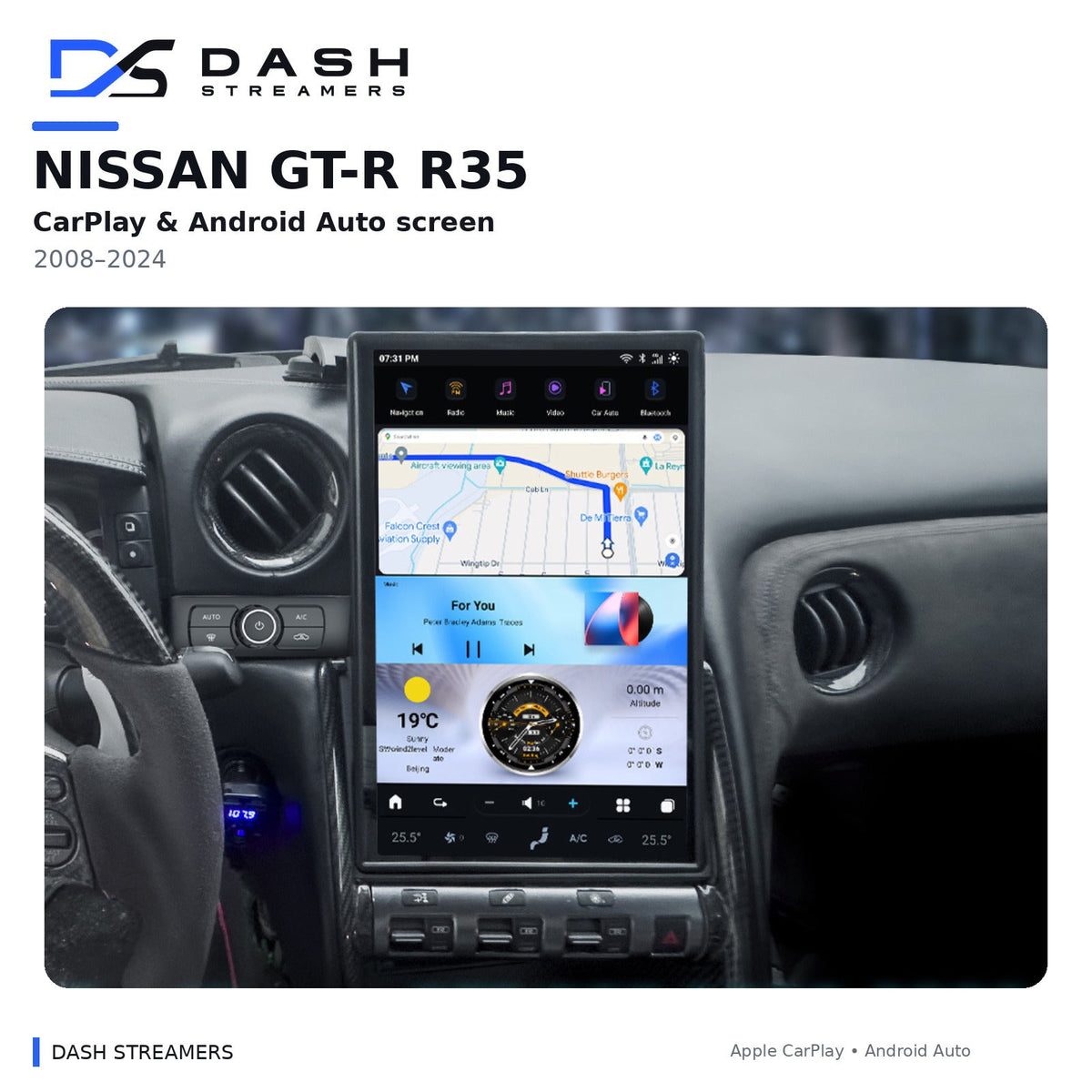 Dash Streamers GT-R product hero with original user-uploaded exact-dimension dashboard photo