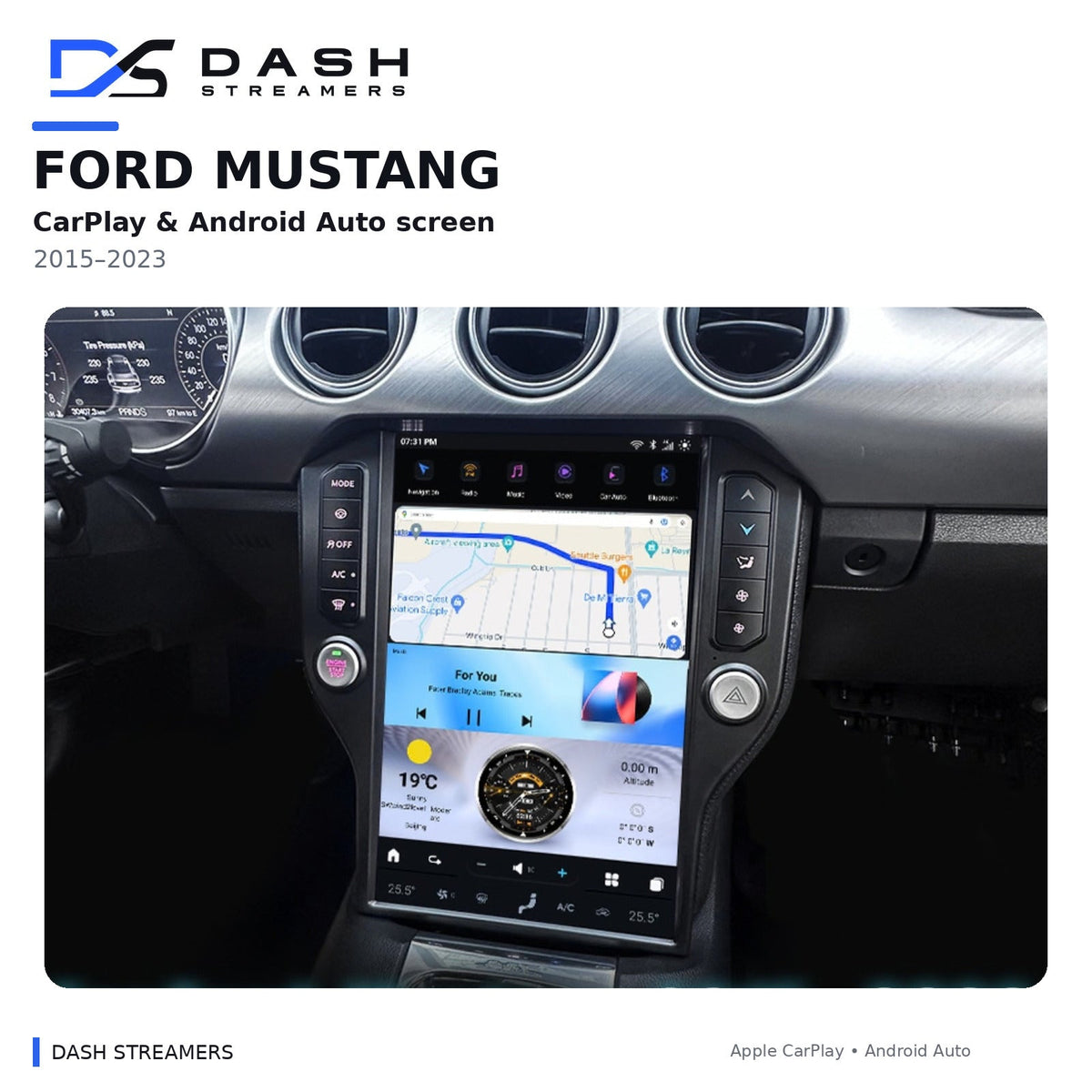 Dash Streamers Mustang product hero with original user-uploaded exact-dimension dashboard photo