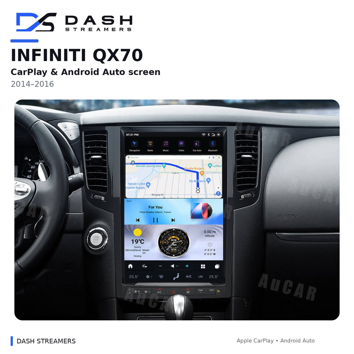 Dash Streamers QX70 product hero with original user-uploaded exact-dimension dashboard photo