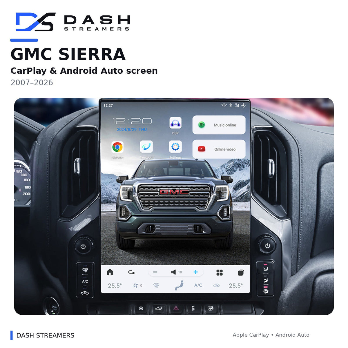 Dash Streamers Sierra product hero with original user-uploaded exact-dimension dashboard photo