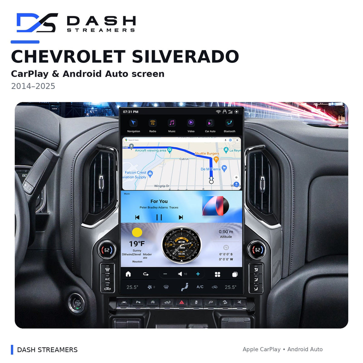 Dash Streamers Silverado product hero with original user-uploaded exact-dimension dashboard photo