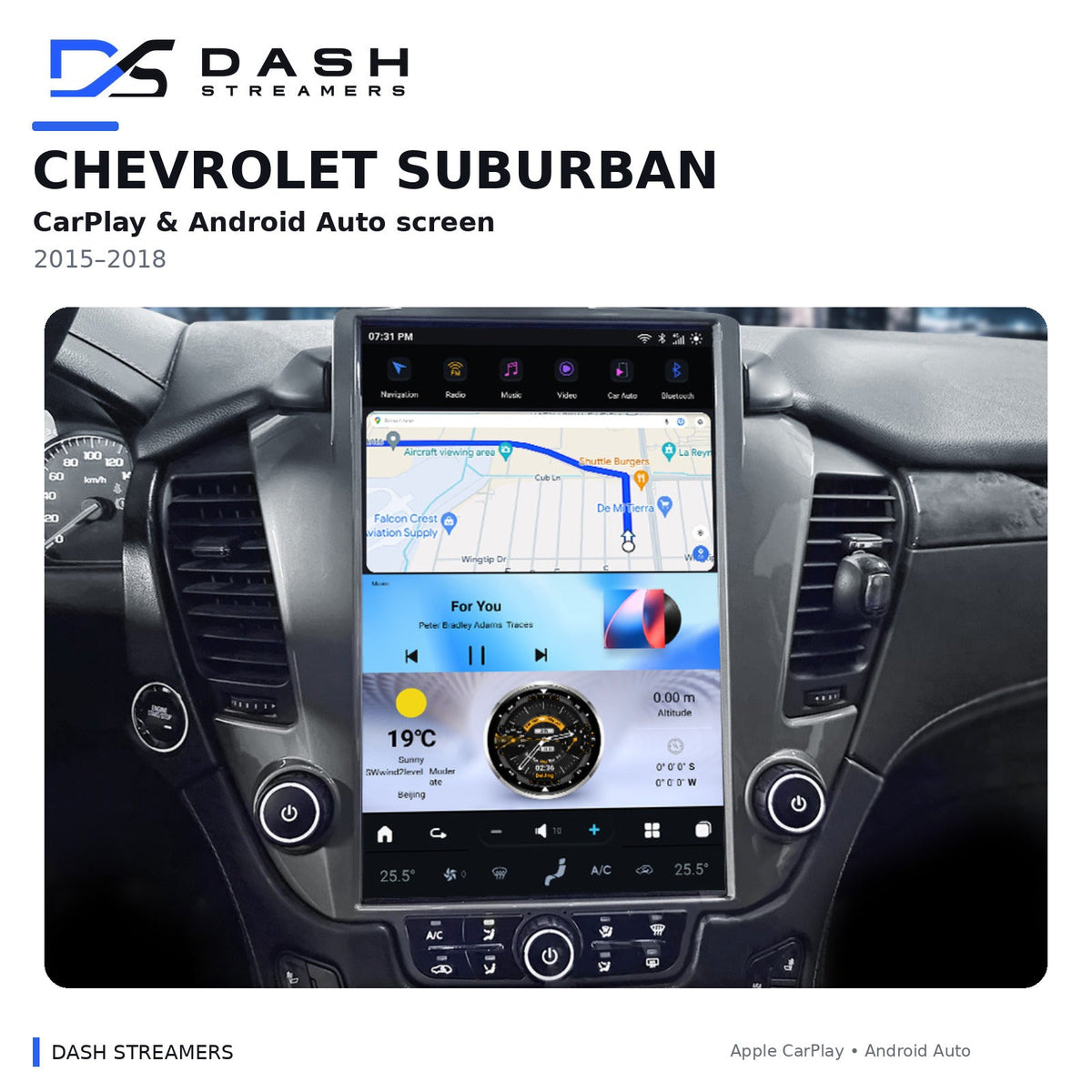 Dash Streamers Suburban product hero with original user-uploaded exact-dimension dashboard photo