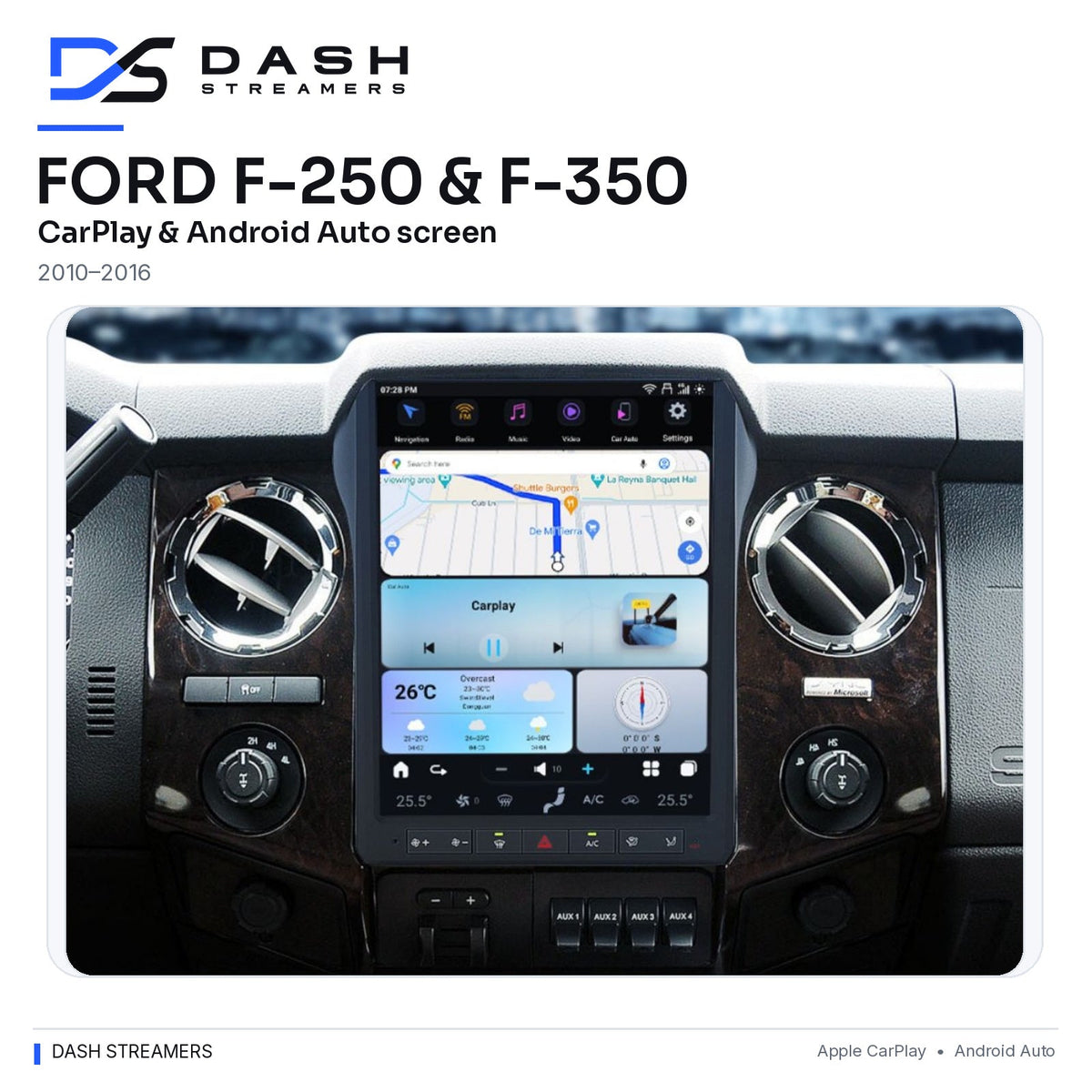 Ford F250 & F350 2010–2016 CarPlay & Android Auto Screen — Dash Streamers full dashboard, rounded corners without cropping
