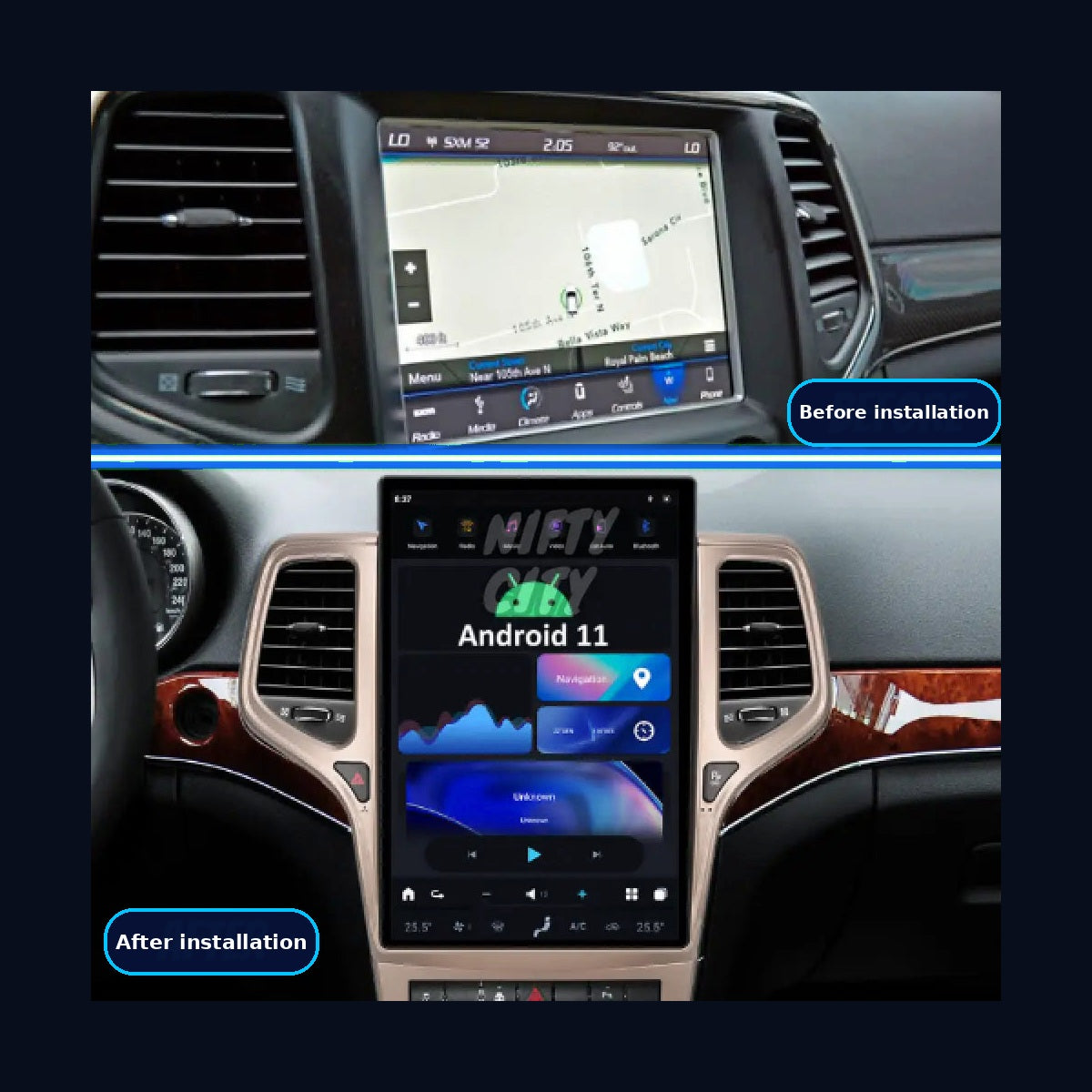 GrandCherokee before and after installation — Dash Streamers blue branding