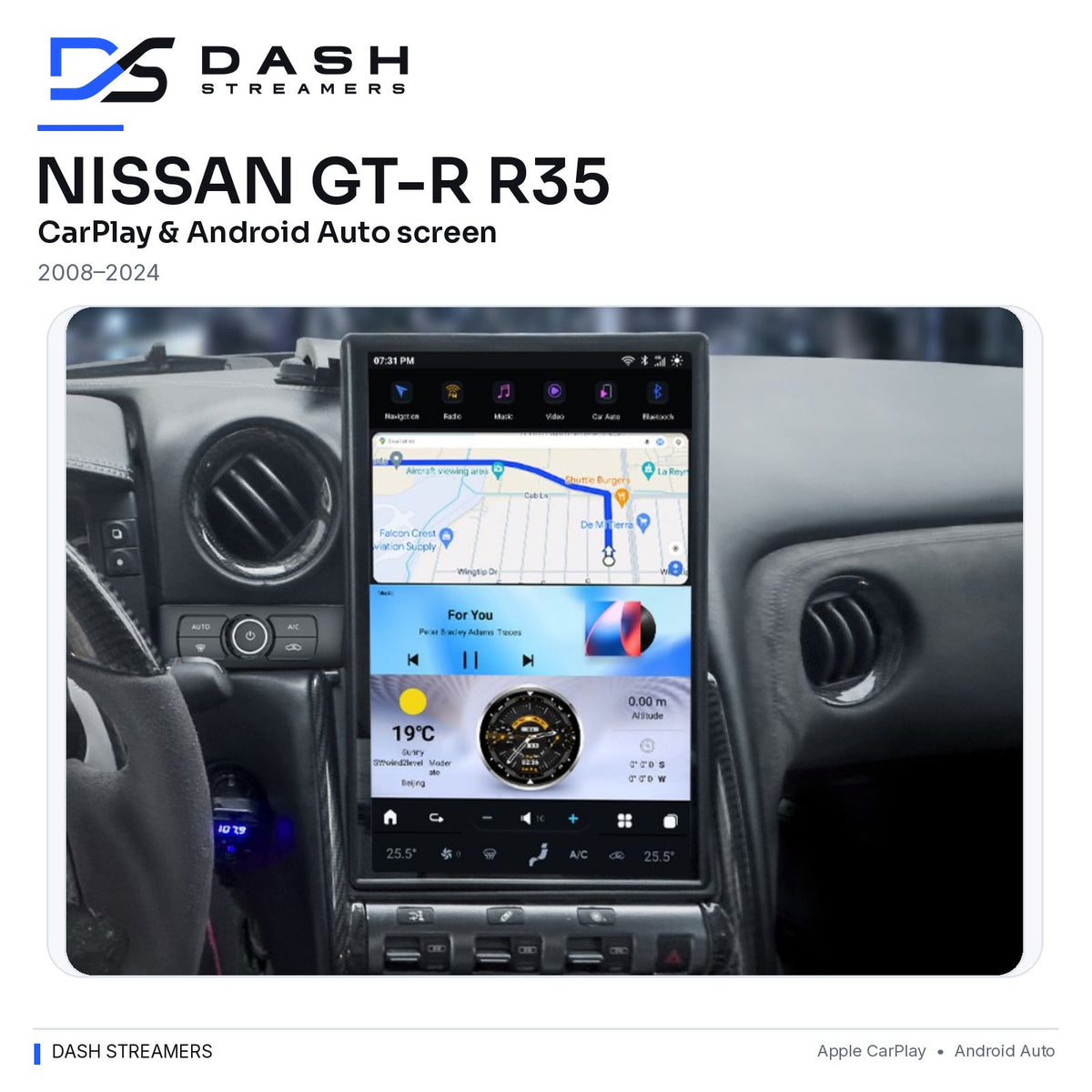 Nissan GT-R R35 2008–2024 CarPlay & Android Auto Screen — Dash Streamers full dashboard, rounded corners without cropping