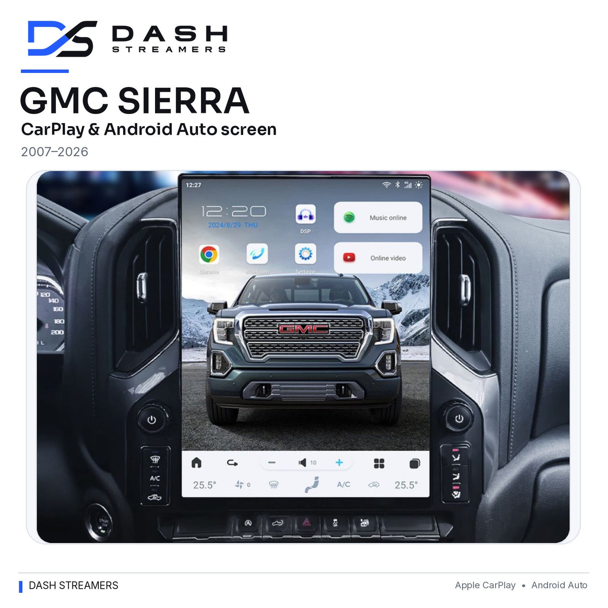 GMC Sierra 2007–2026 CarPlay & Android Auto Screen — Dash Streamers full dashboard, rounded corners without cropping