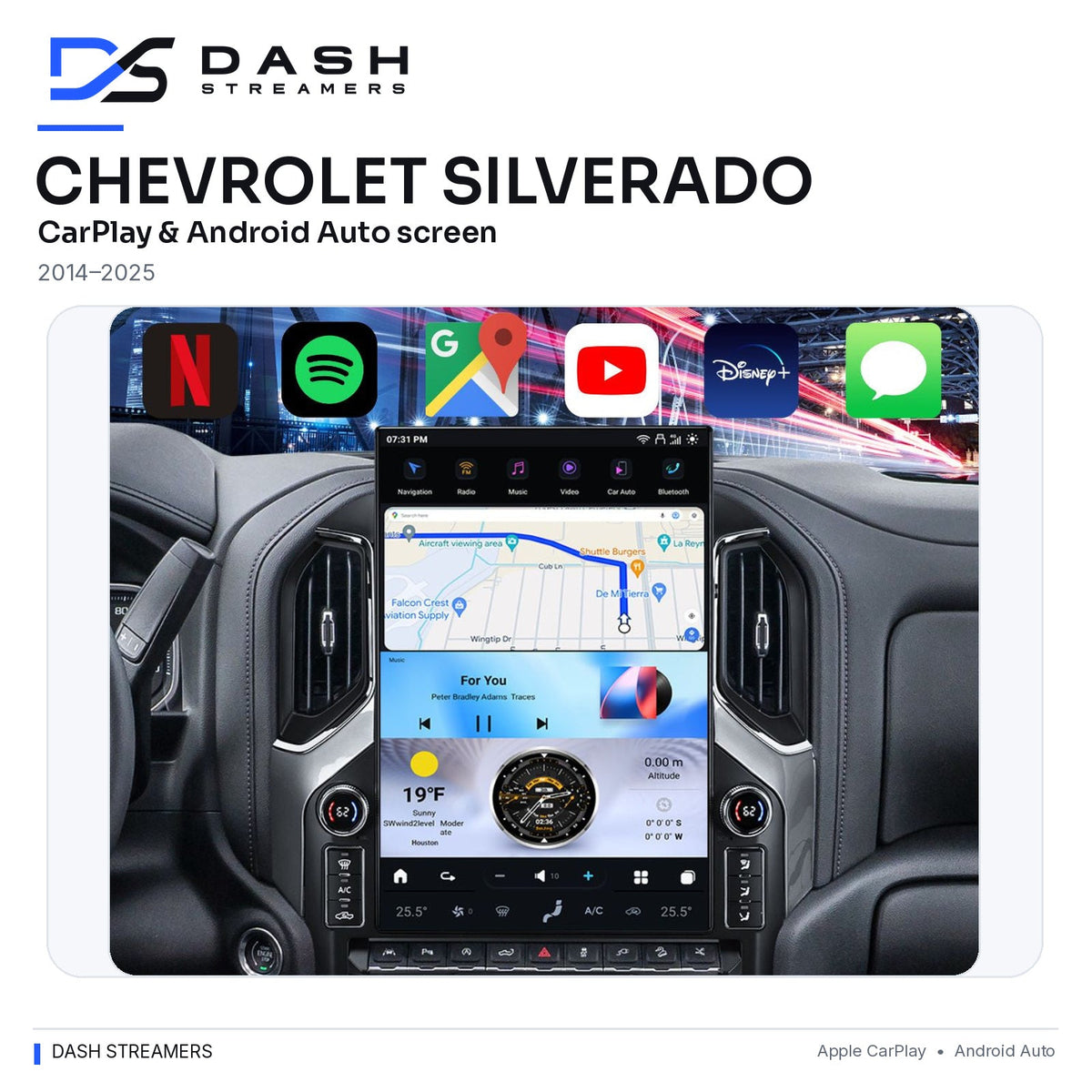 Chevrolet Silverado 2014–2025 CarPlay & Android Auto Screen — Dash Streamers full dashboard, rounded corners without cropping
